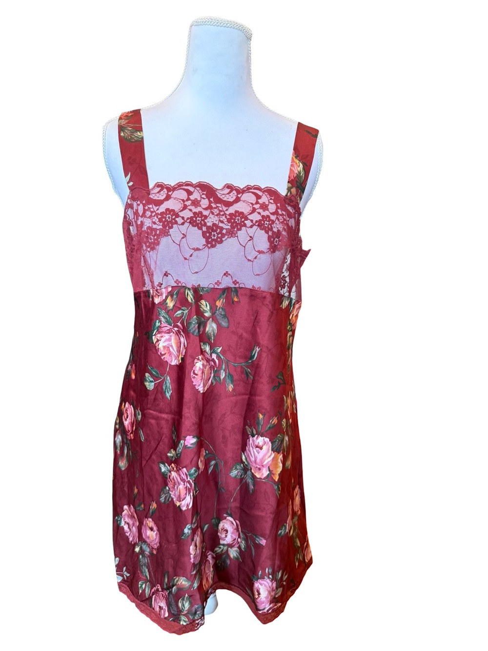 August Silk Intimates 100% Silk Floral Lace Slip Dress Nightgown Medium Burgundy